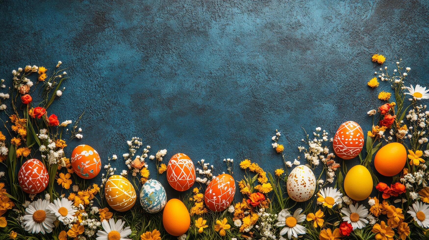 Colorful Easter eggs arranged with blooming flowers for festive celebrations in spring photo