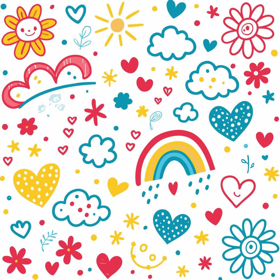 a colorful set of doodles with hearts, sun, rainbows and clouds vector
