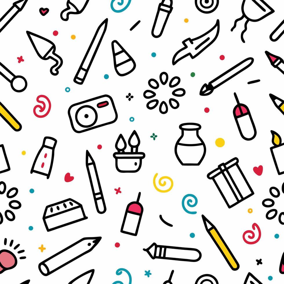 seamless pattern with various objects and tools vector