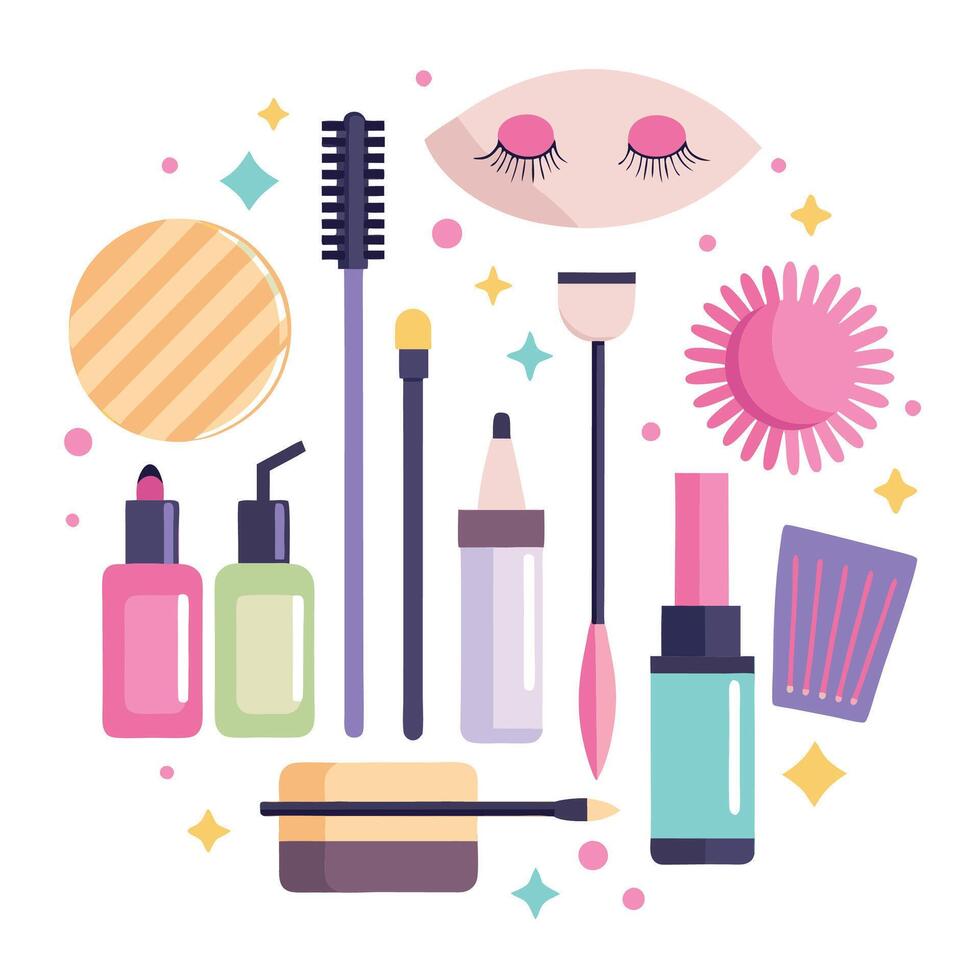 cosmetics and beauty products in a circle vector