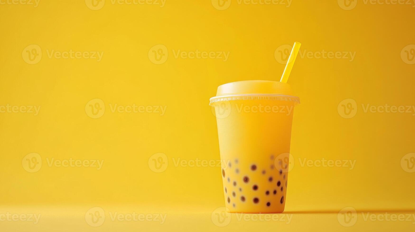 A vibrant cup of yellow bubble tea filled with tapioca pearls stands against a matching solid background. The drink features a straw and offers a refreshing visual appeal. photo