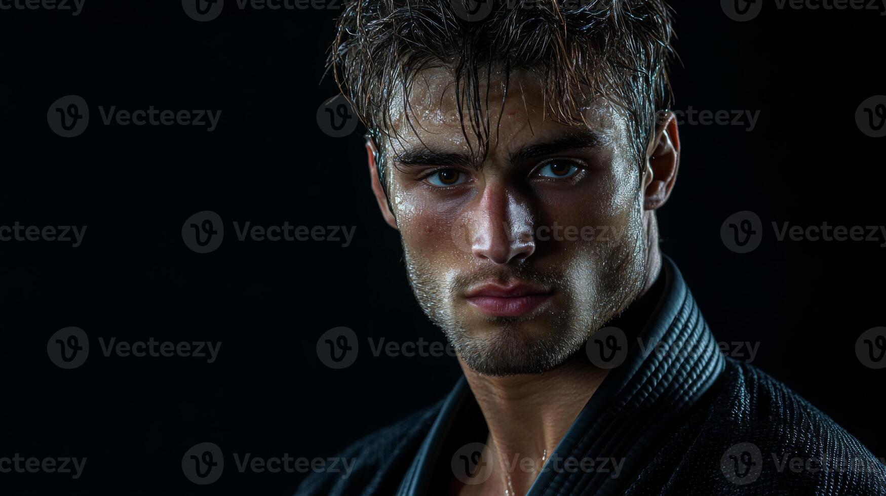 A man in a black gi with wet hair stares intently into the camera. He has a determined look on his face, suggesting he is in the middle of an intense training session or competition. photo