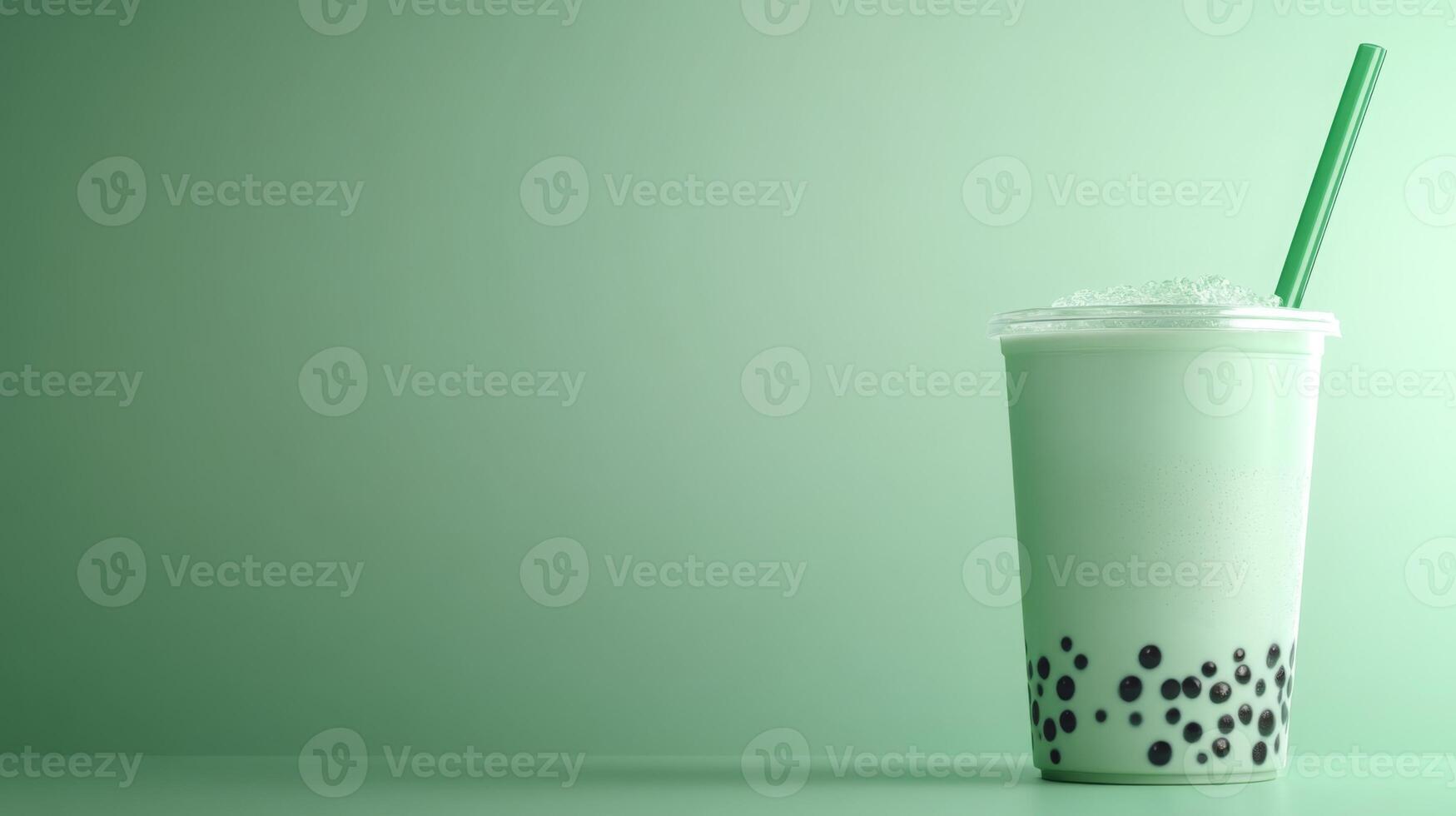 A clear cup filled with green bubble tea showcases black tapioca pearls at the bottom. The drink is topped with ice and has a green straw, creating a refreshing look in soft pastel tones. photo