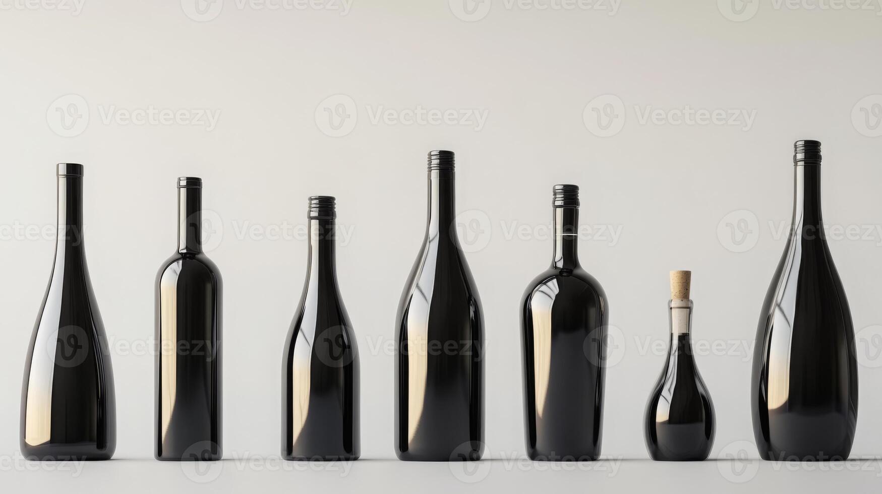 A collection of elegantly shaped natural wine bottles is displayed on a simple backdrop. Their varied silhouettes create a striking visual contrast, showcasing the artistry in wine packaging. photo