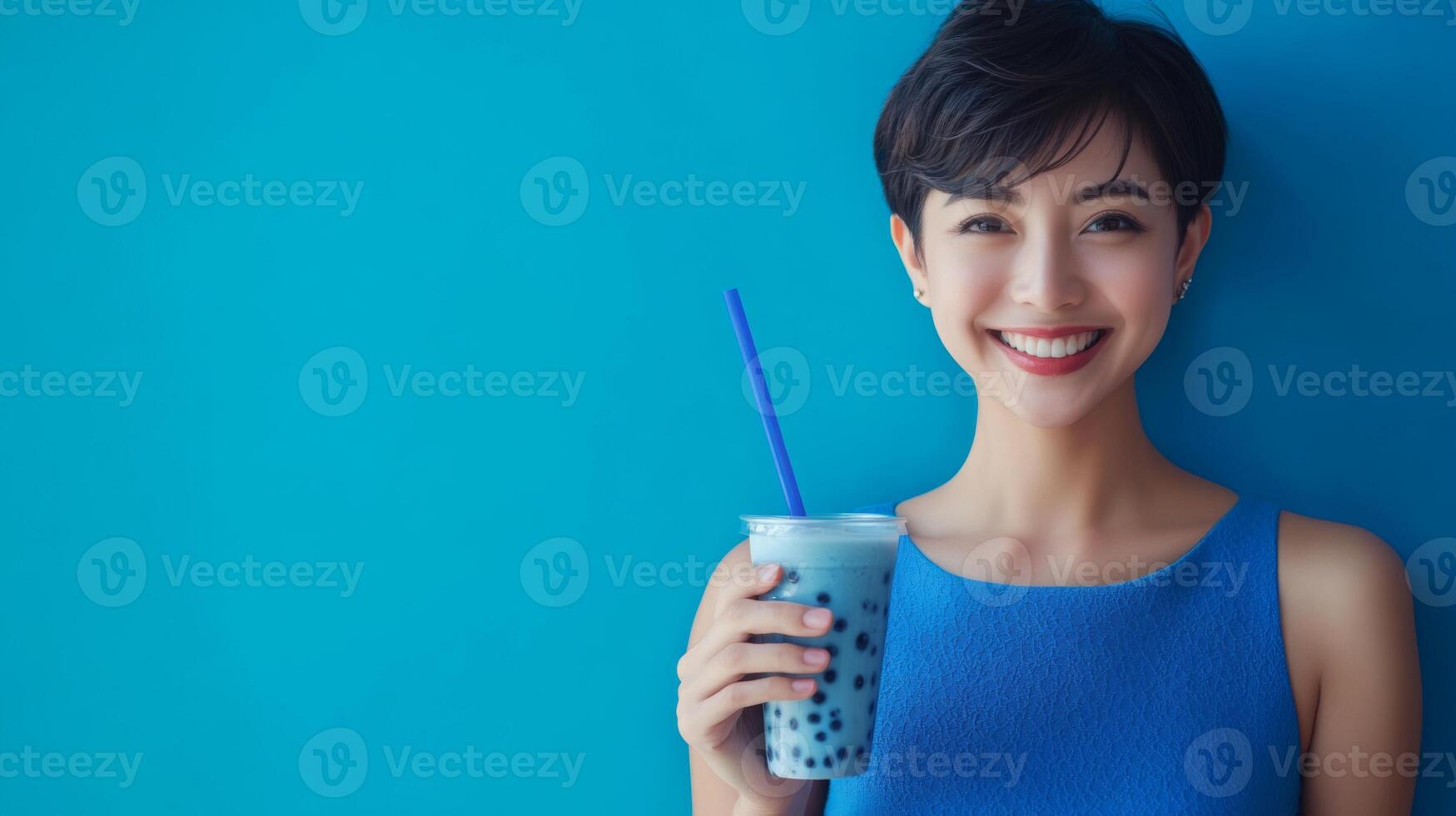 A young woman with short hair joyfully holds a blue drink with bubbles while standing in front of a bright blue wall. Her cheerful expression highlights the refreshing nature of her beverage. photo