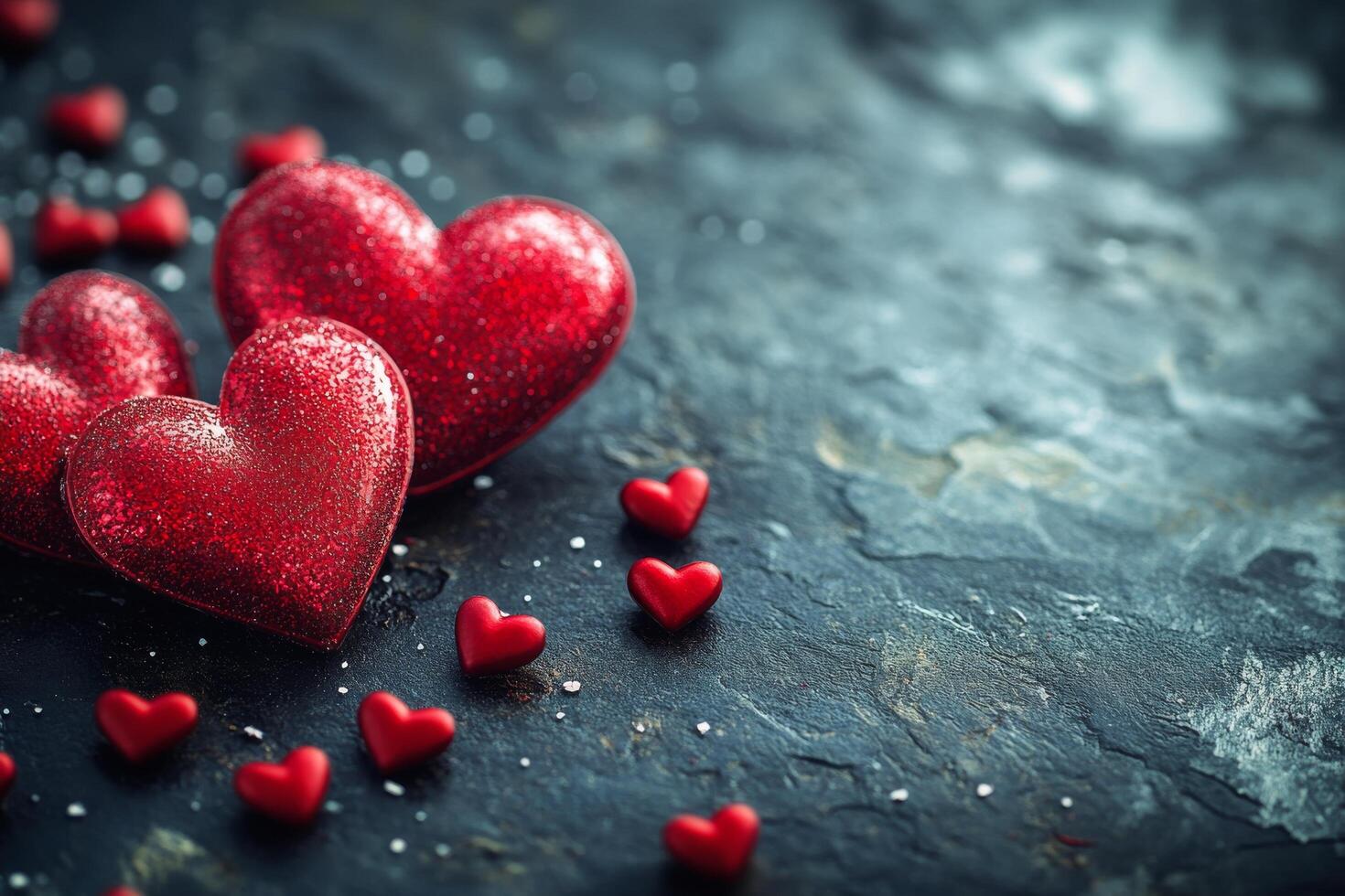 Red heart shaped decorations arranged on a textured grey background for special occasions photo