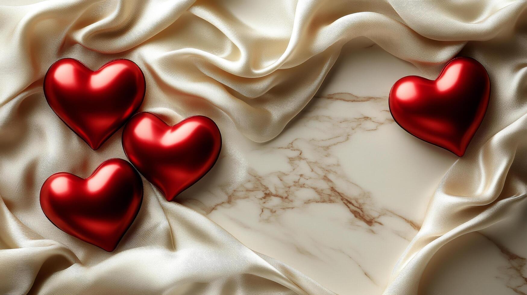 Decorative arrangement of red hearts on luxurious fabric and marble surface during celebration photo