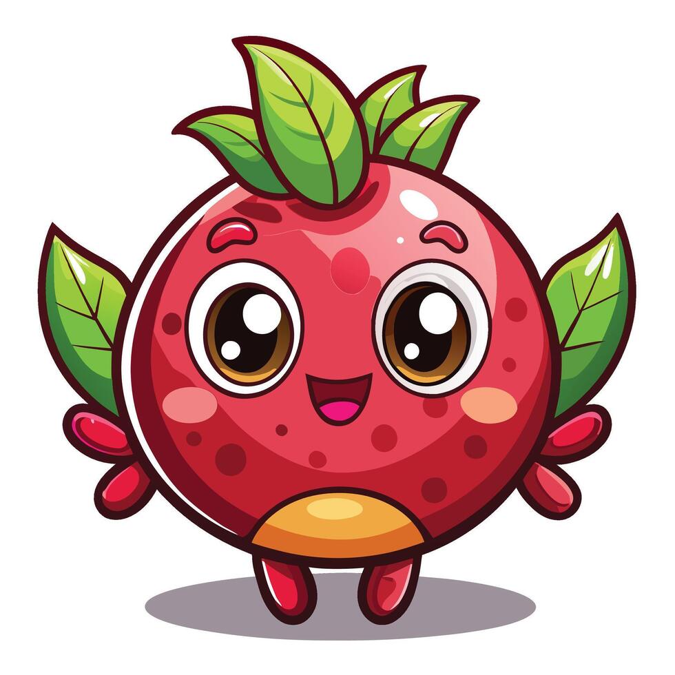 a cartoon red strawberry with eyes and leaves vector
