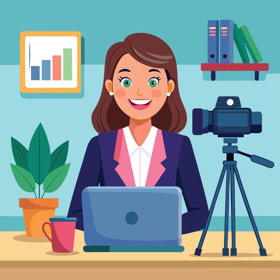 a woman in a suit is sitting at a desk with a laptop and camera vector