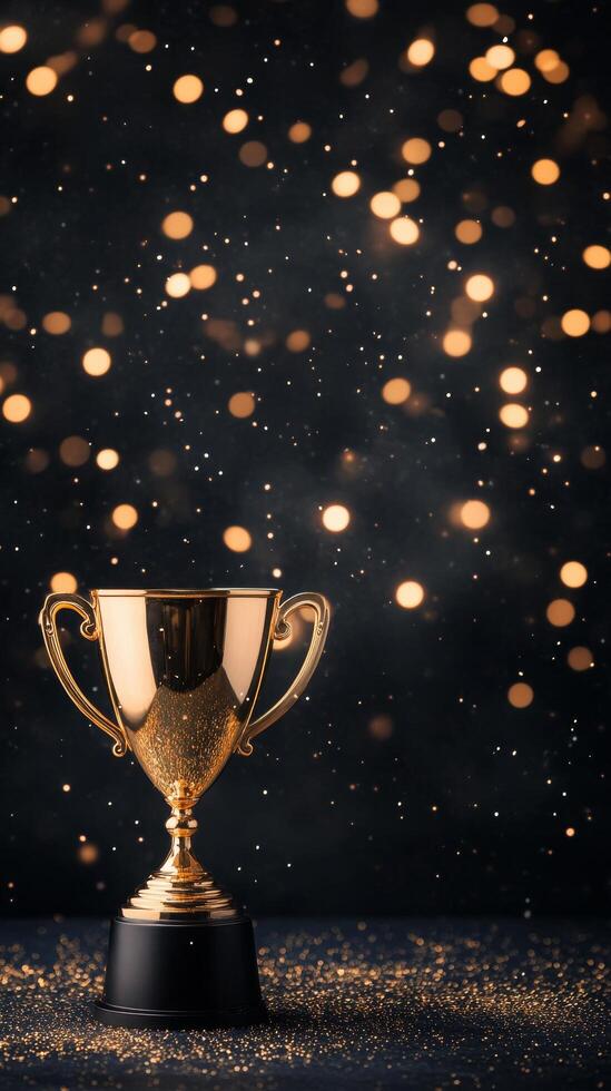 Golden trophy with bokeh lights on a dark background during a celebration event photo