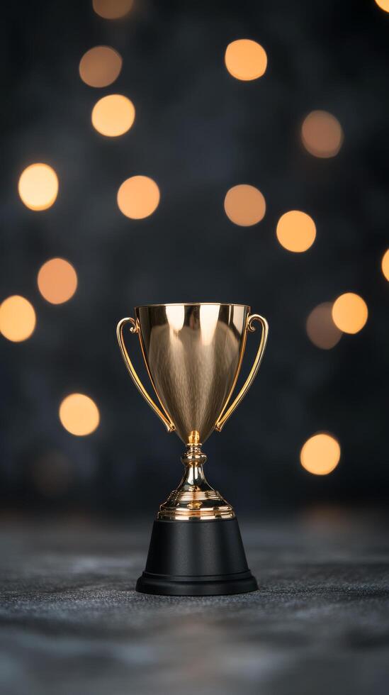 Golden trophy with bokeh lights on a dark background during a celebration event photo