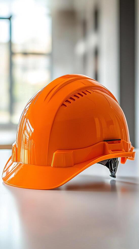 Bright orange hard hat resting on a table in an industrial workspace with large windows photo