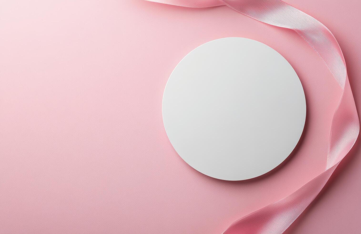 Plain white circular card placed on a pink background with decorative ribbon photo