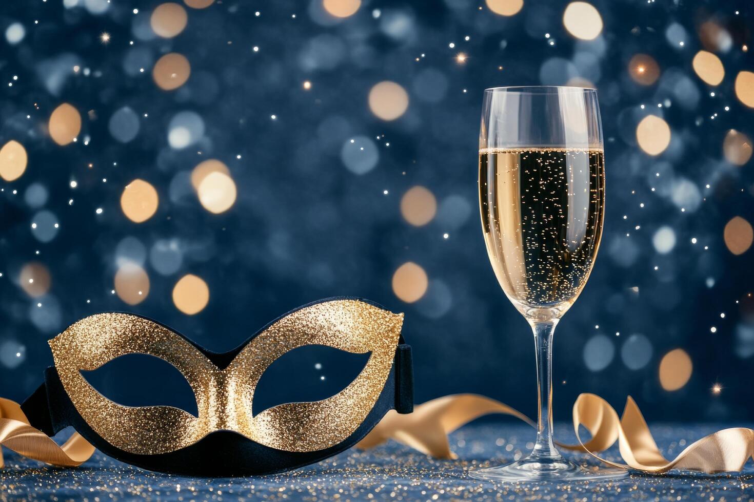 Sparkling drink and golden mask create festive atmosphere for celebration event photo