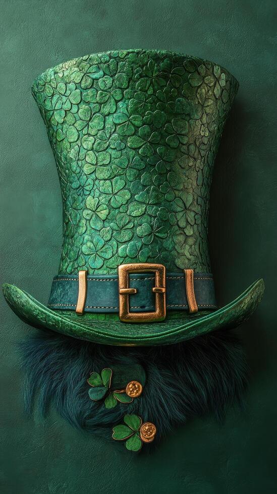 Bright green shamrock hat with gold buckle and black feather for festive celebration photo
