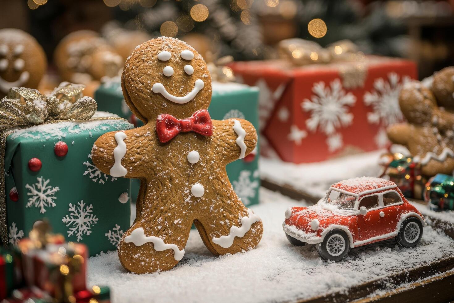 Gingerbread man next to holiday gifts and festive decorations in a cozy room photo
