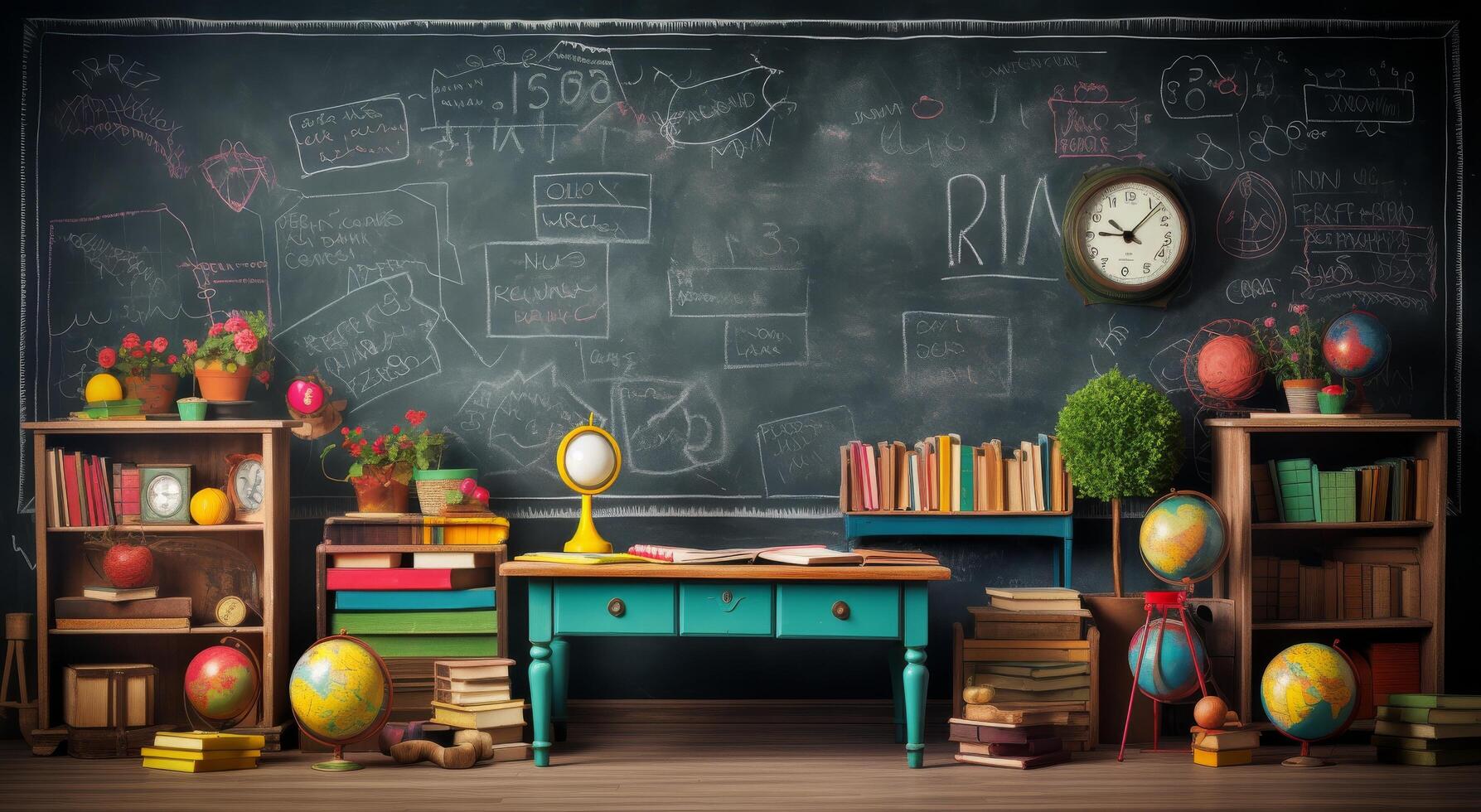 Vibrant classroom with a chalkboard, books, and decorative globes for a creative setup photo