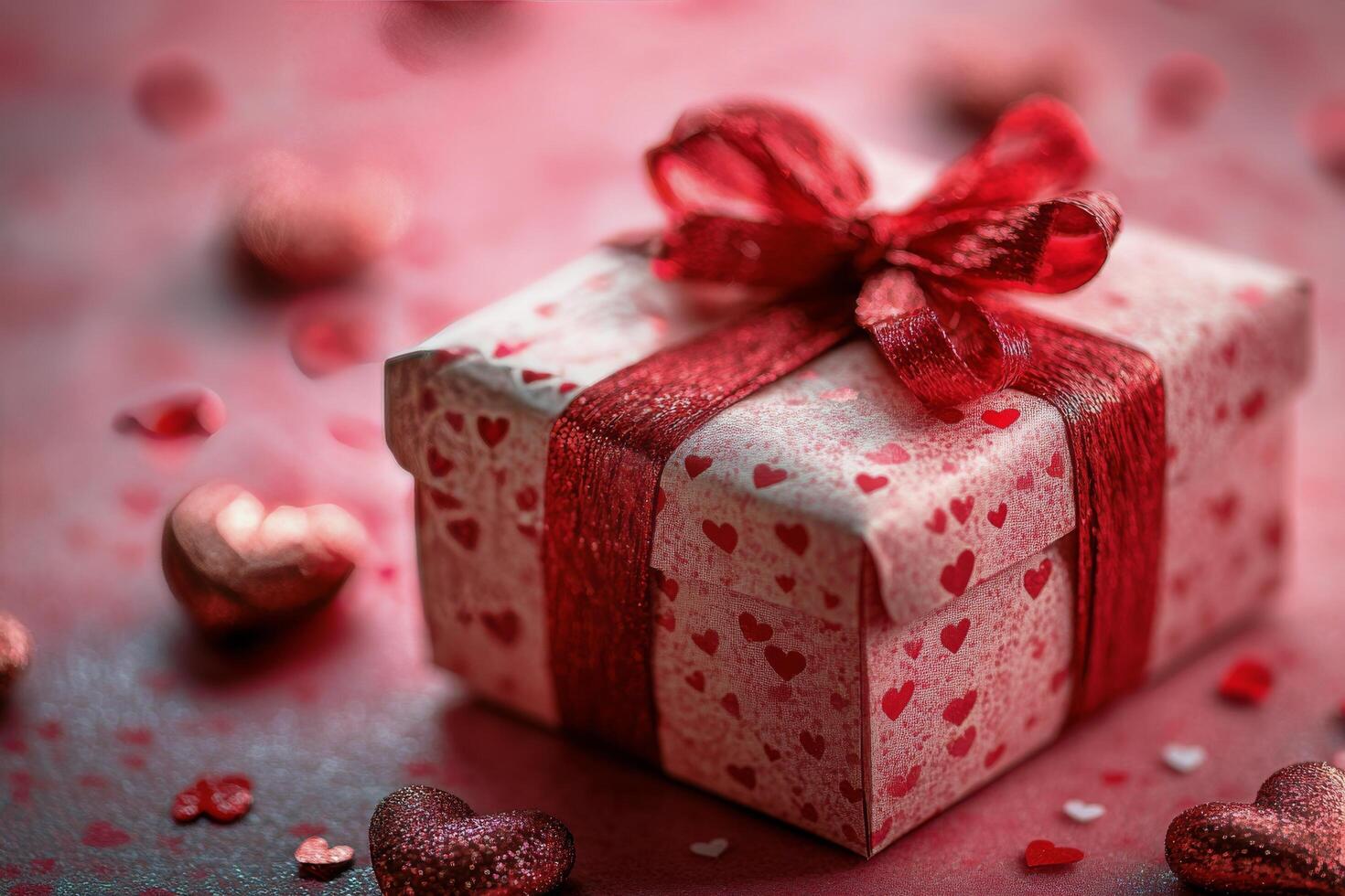 Present decorated with red ribbon surrounded by heart shaped decorations for special occasion photo