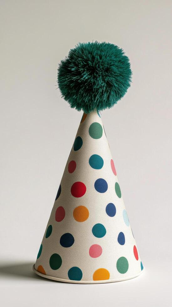 Colorful party hat with polka dots and pom pom displayed on a plain background photo