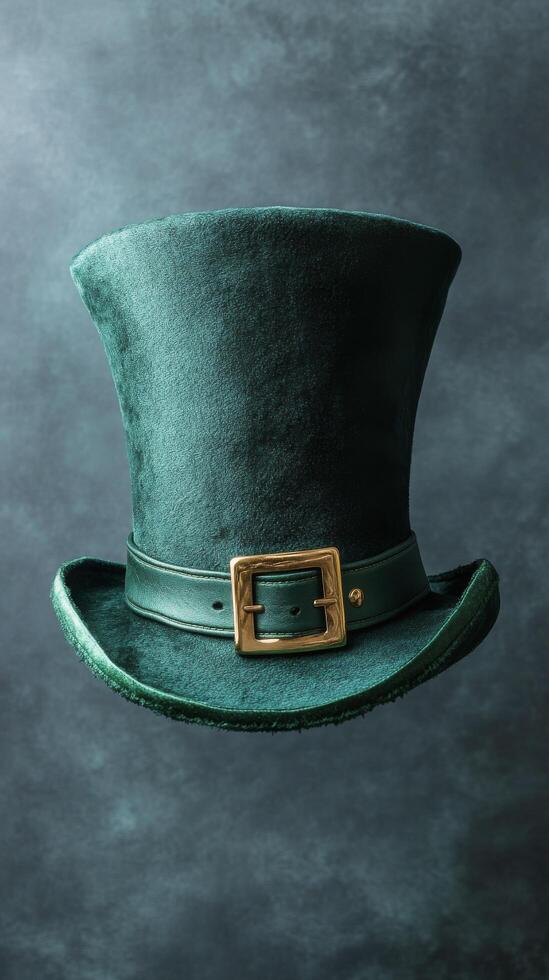 Bright green shamrock hat with gold buckle and black feather for festive celebration photo