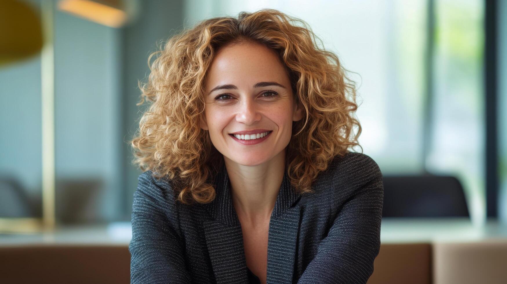 Business professional with curly hair smiles confidently in modern office setting during daytime photo