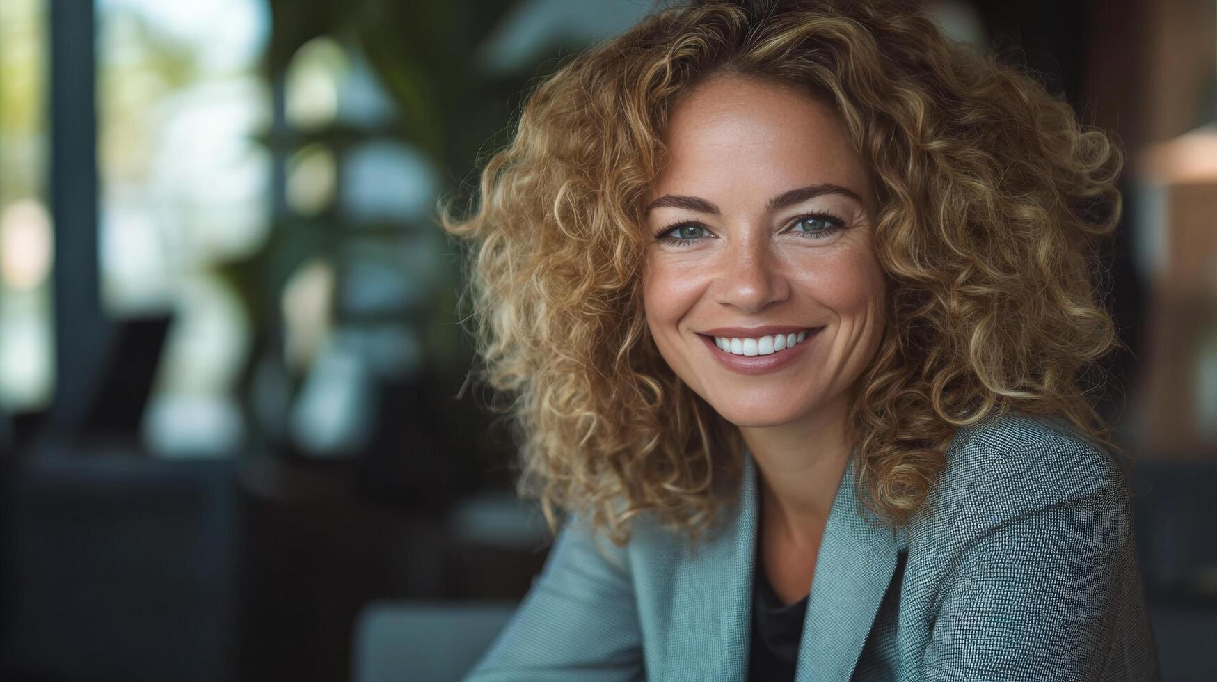 Business professional with curly hair smiles confidently in modern office setting during daytime photo
