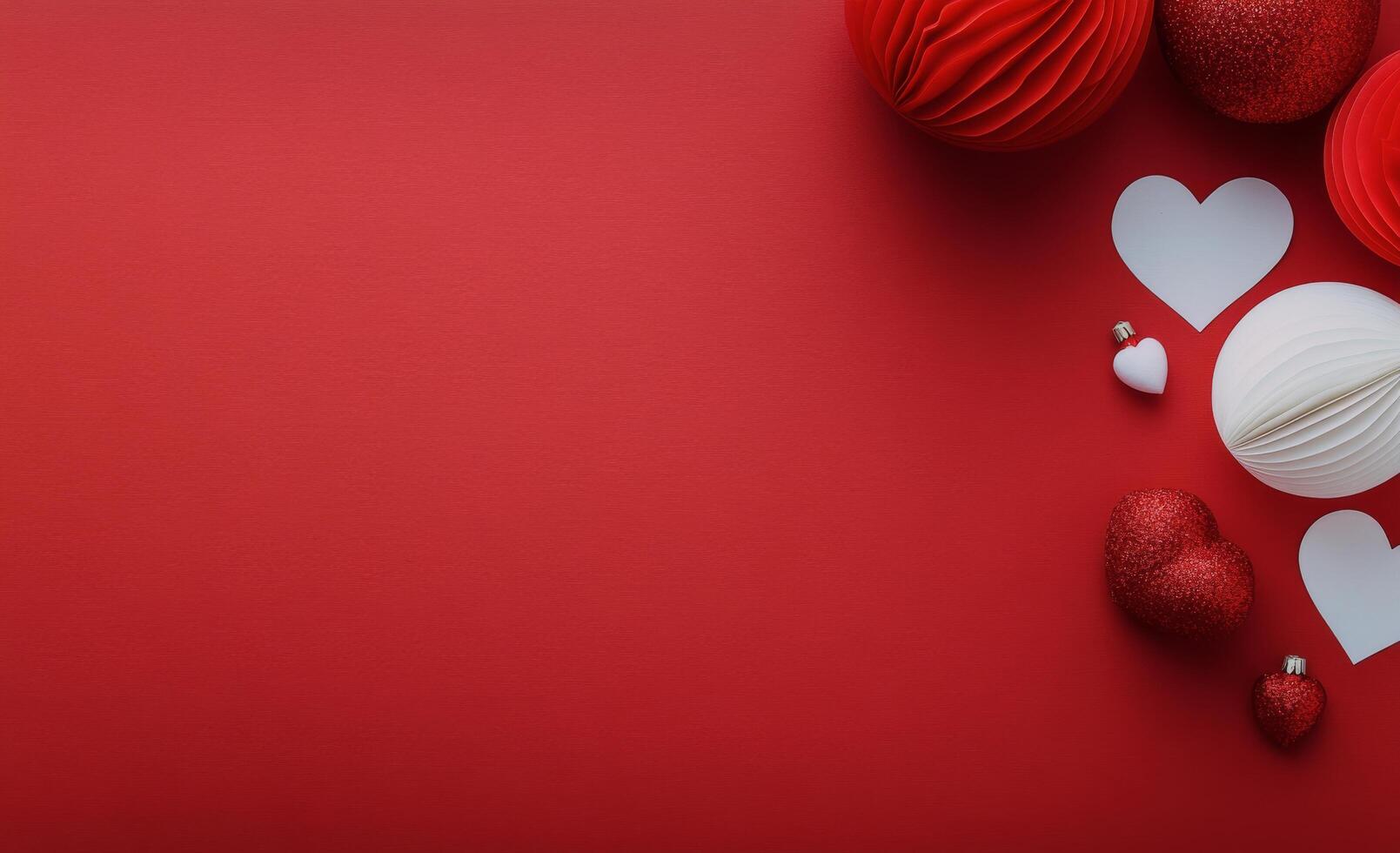 Colorful holiday gifts and decorations arranged on a vibrant red background for celebrations photo