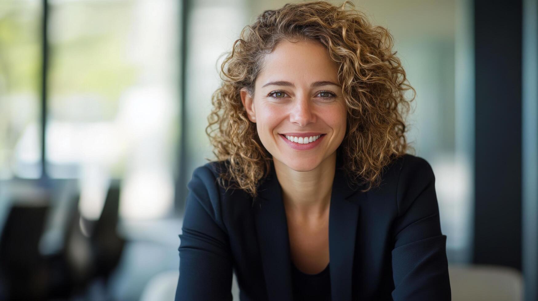 Business professional with curly hair smiles confidently in modern office setting during daytime photo