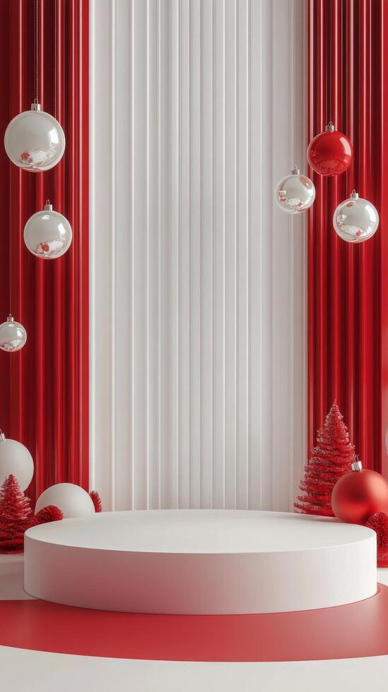 Festive display with red and white decorations for holiday celebrations in a modern setting photo
