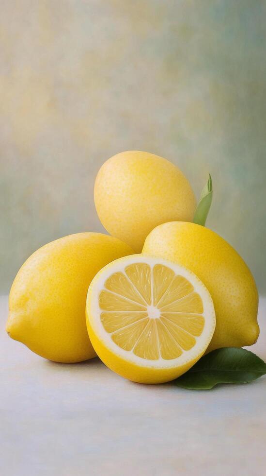 Fresh lemons arranged with leaves on a soft background showcasing natural color and texture photo
