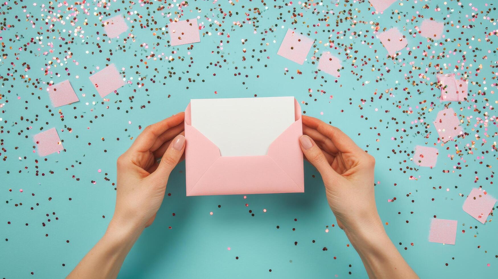 Bright celebration with hands holding a pink envelope on a colorful confetti background photo