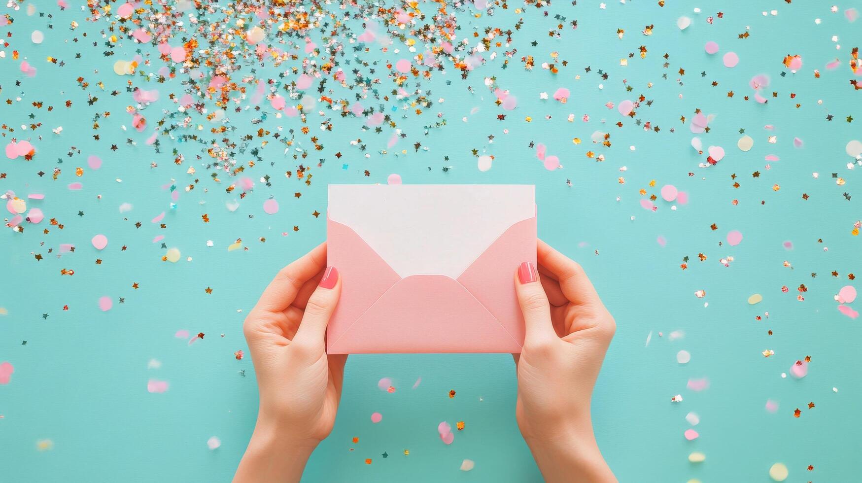 Bright celebration with hands holding a pink envelope on a colorful confetti background photo