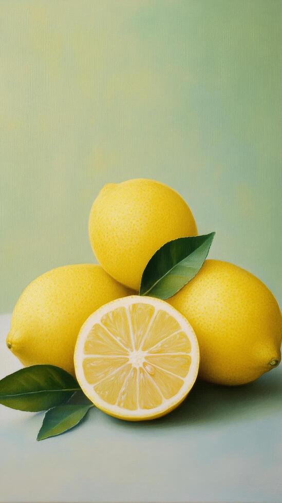 Fresh lemons arranged with leaves on a soft background showcasing natural color and texture photo