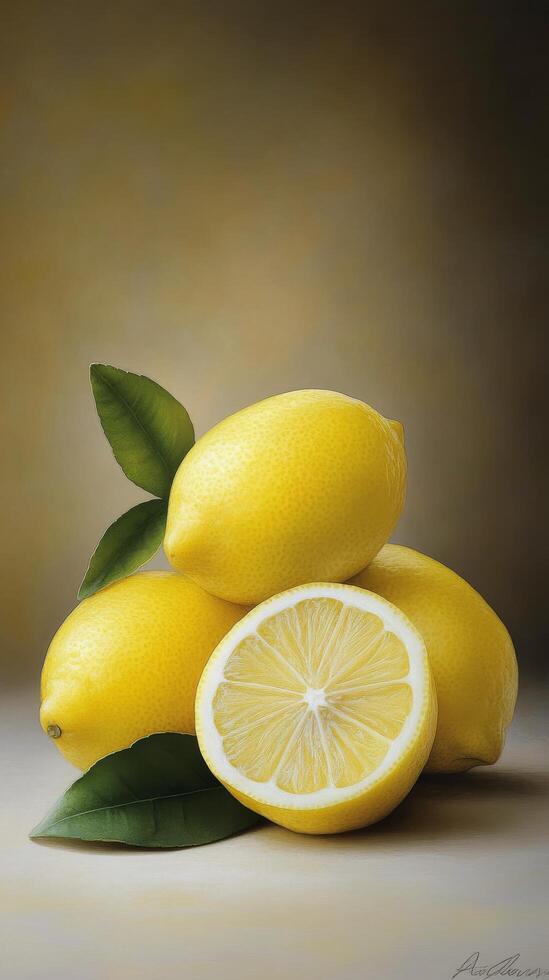 Fresh lemons arranged with leaves on a soft background showcasing natural color and texture photo