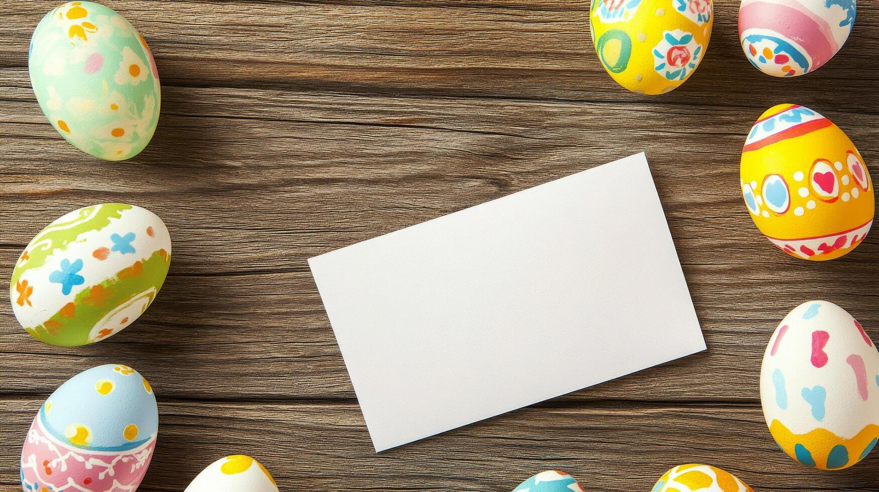 Colorful Easter eggs arranged around a blank card on a wooden surface for festive celebration photo