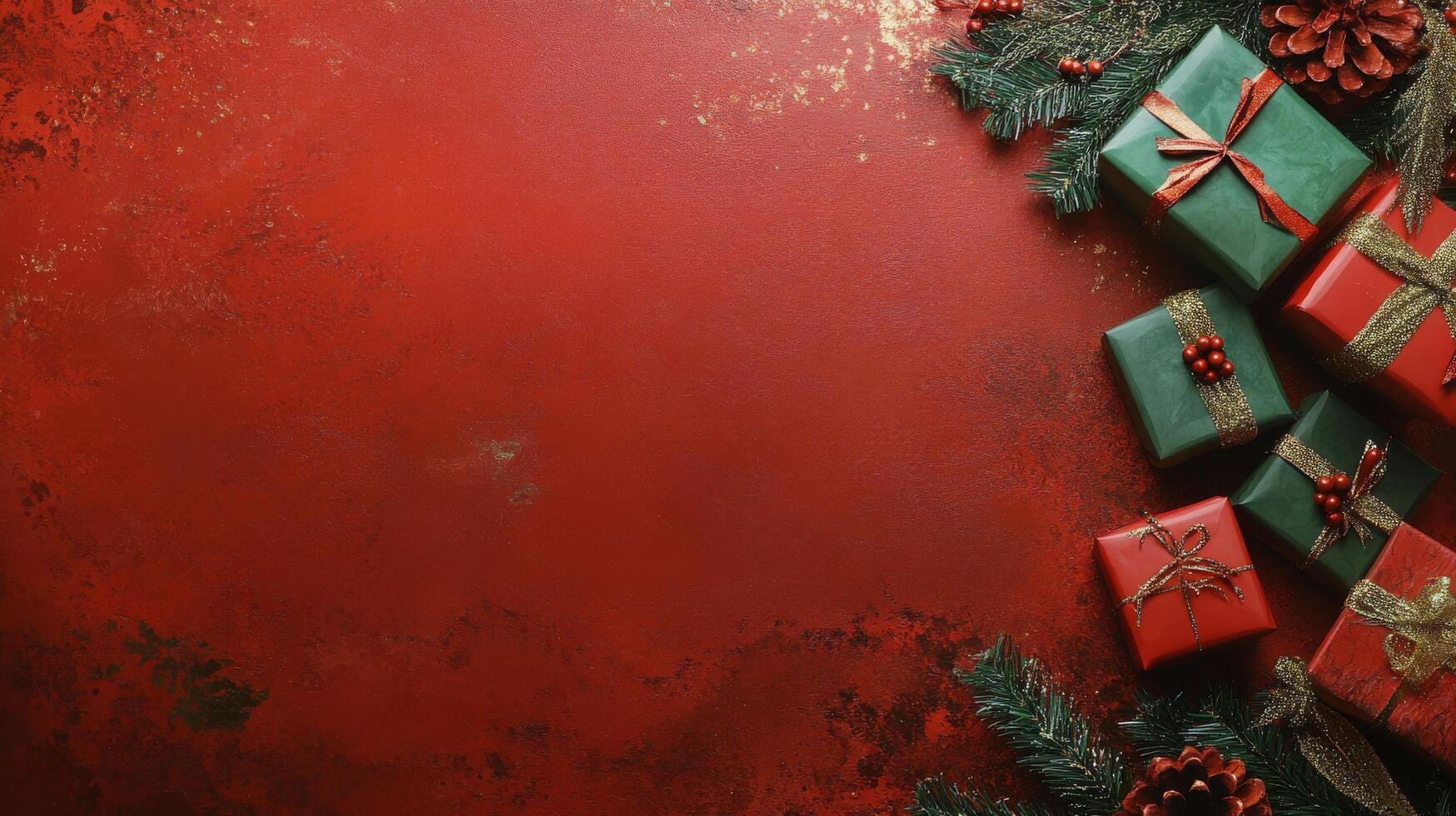 Colorful wrapped gifts arranged on a festive red background for holiday celebrations photo