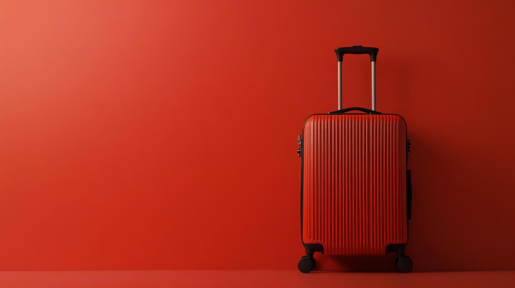 Red suitcase stands alone against a bright red background, suggesting travel and adventure plans photo