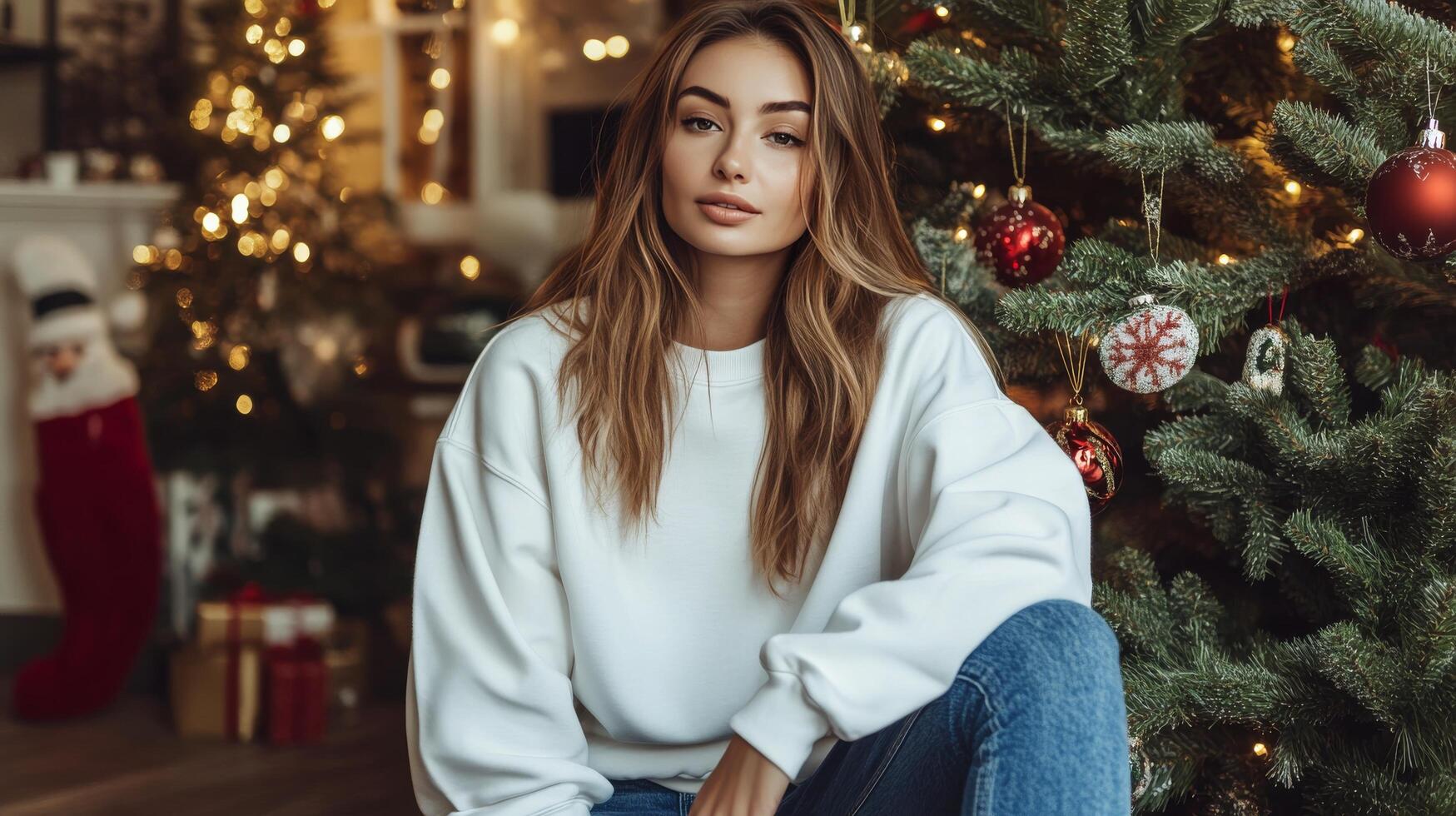 Young woman poses beside Christmas tree in cozy setting during holiday season photo