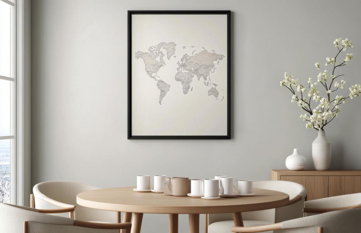 Modern dining area with a minimalist design featuring a round wooden table and map art photo