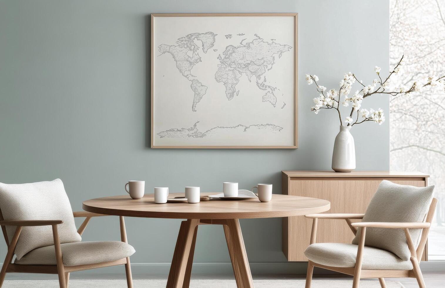 Modern dining area with a minimalist design featuring a round wooden table and map art photo