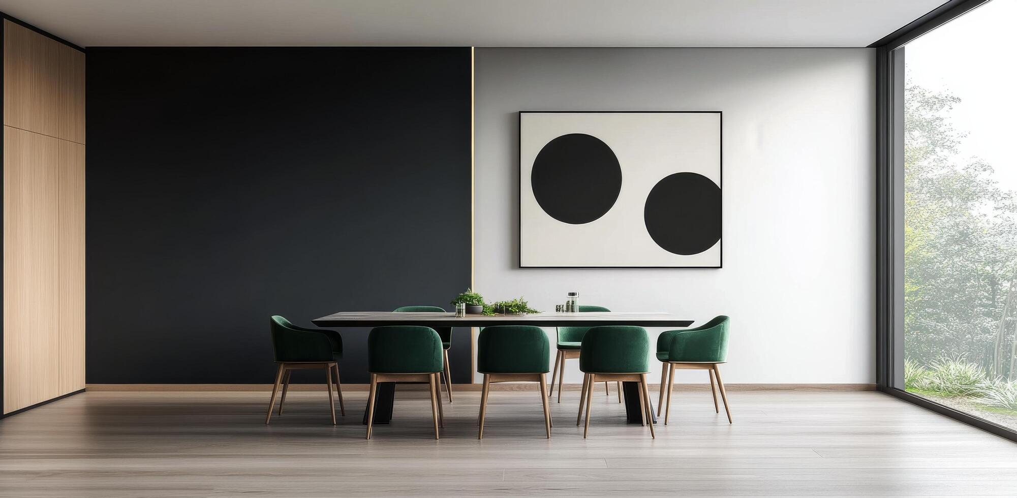 Modern dining room with sleek design and minimalistic decor in contemporary home photo