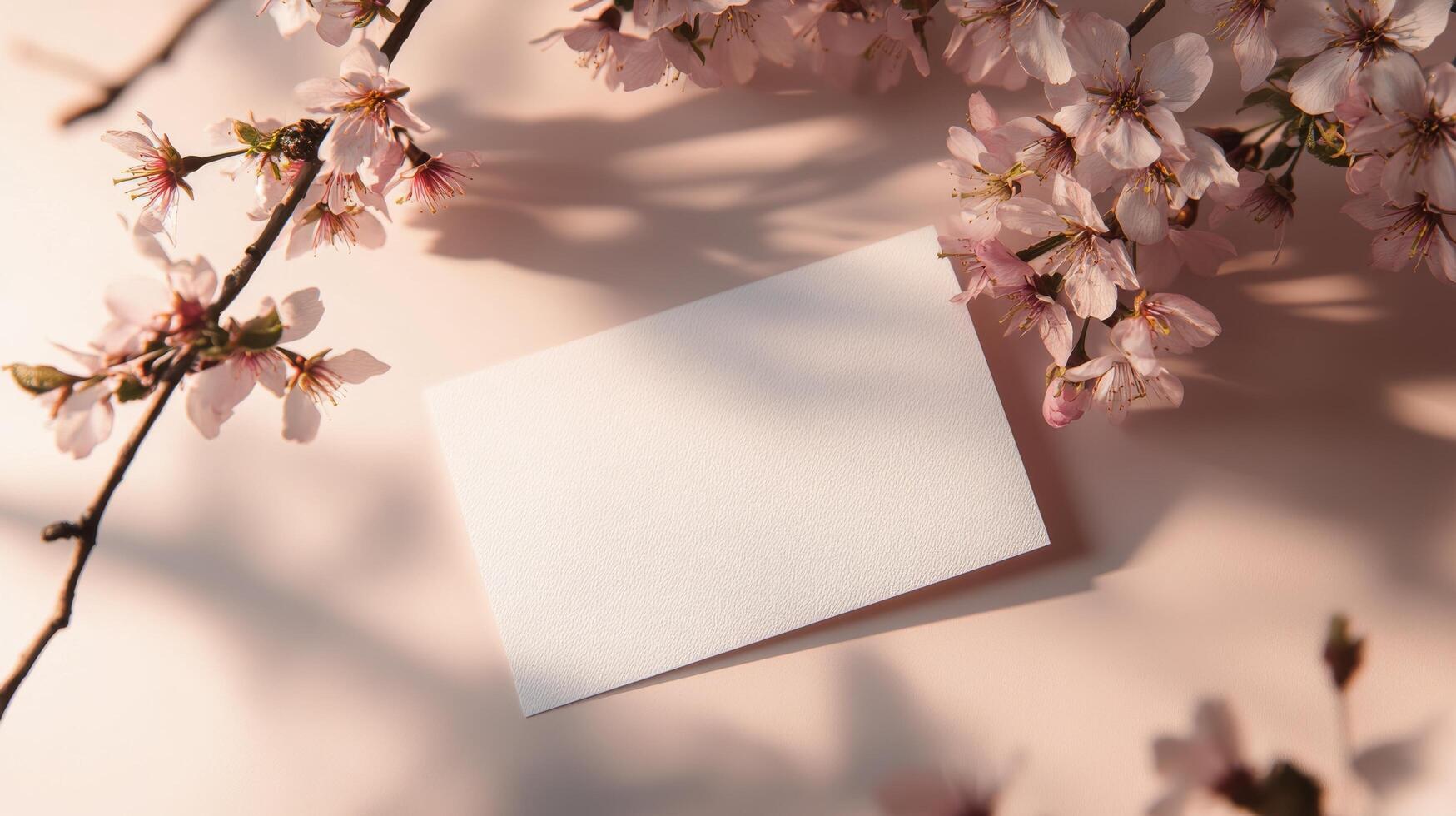 Elegant spring blossoms gently framing a blank card on a soft surface photo