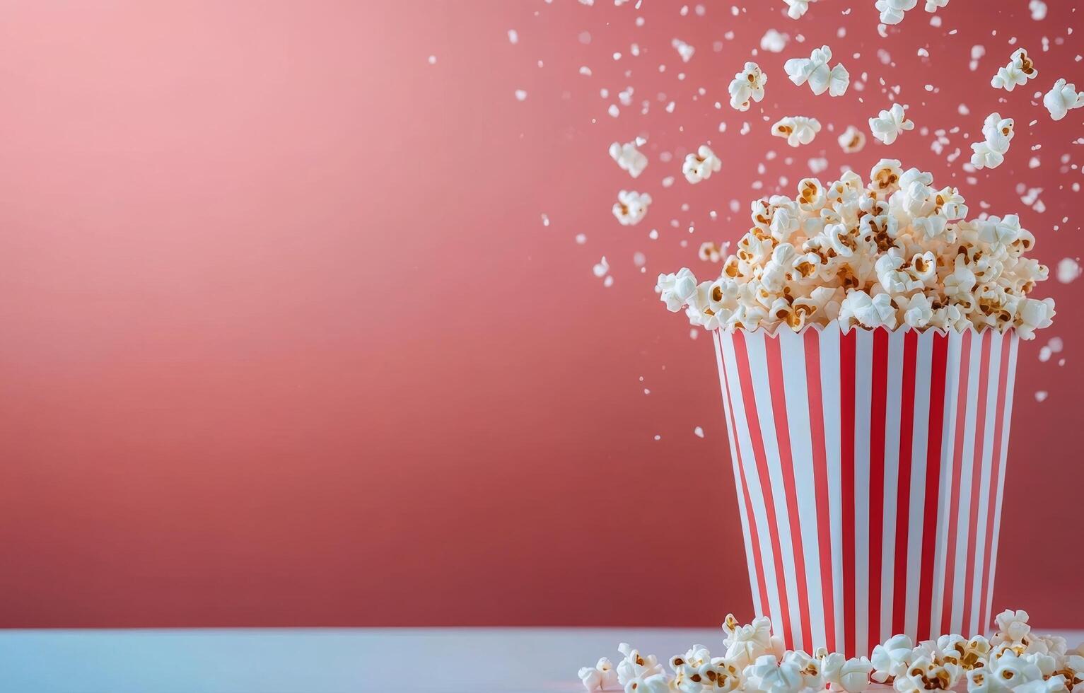 Freshly popped popcorn overflowing from a striped container on a pink background photo