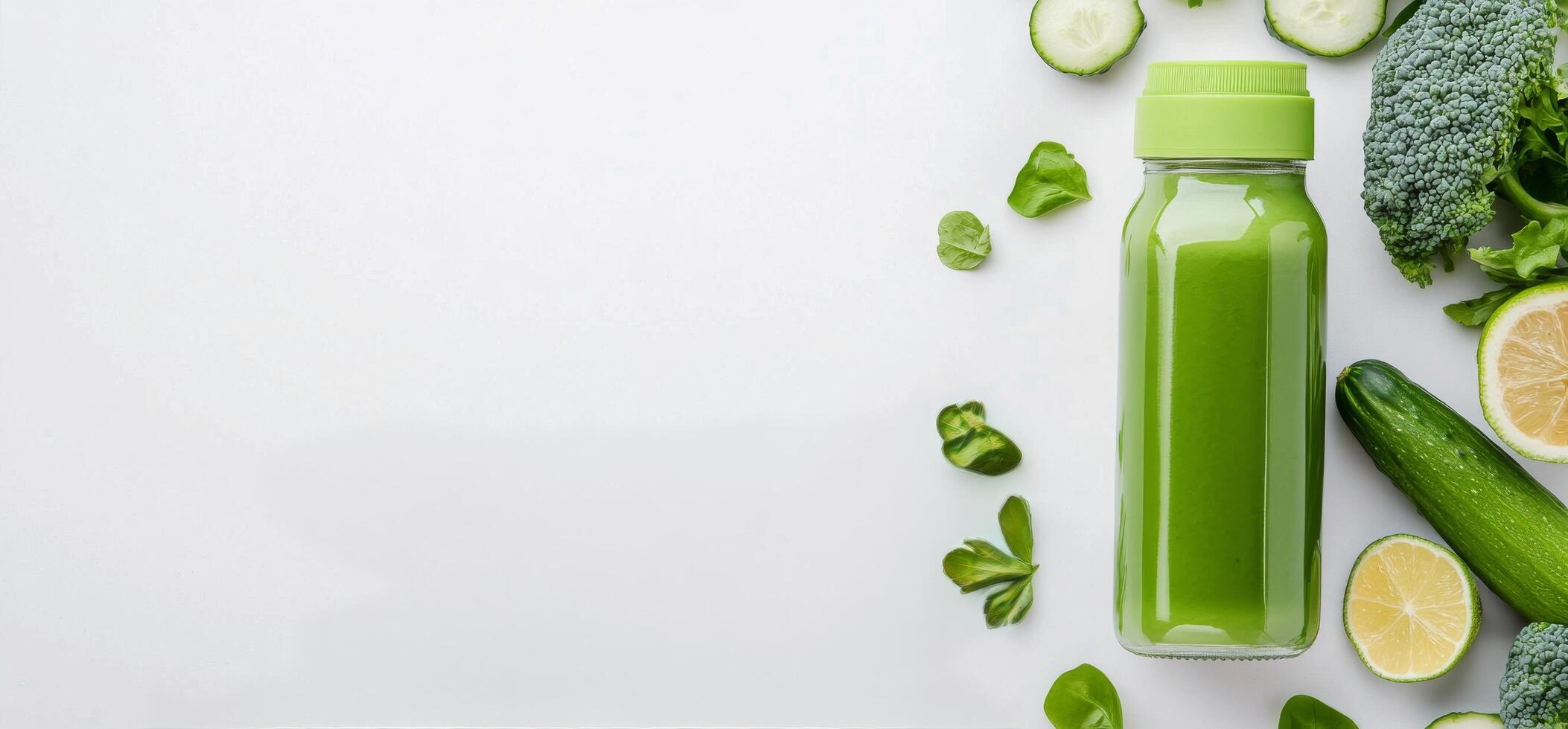Refreshing green smoothie made with fresh vegetables and fruits on a clean surface photo