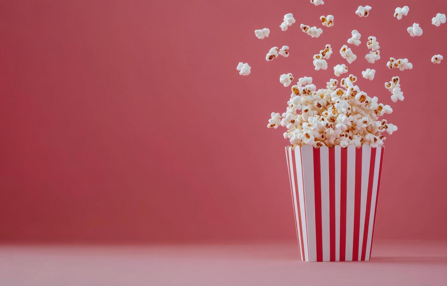 Freshly popped popcorn overflowing from a striped container on a pink background photo