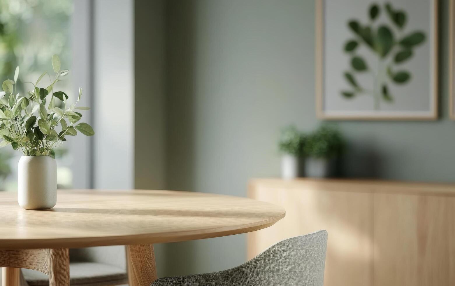 Modern interior with botanical art and minimalist furniture in bright room photo