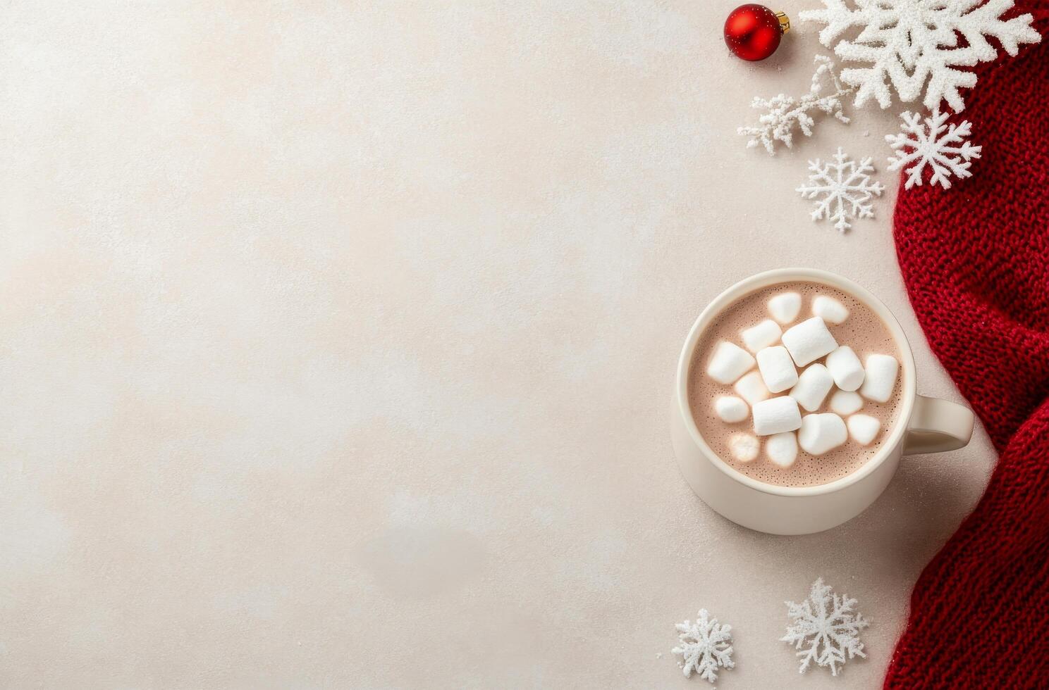 Warm hot chocolate with marshmallows and festive decor during winter season photo