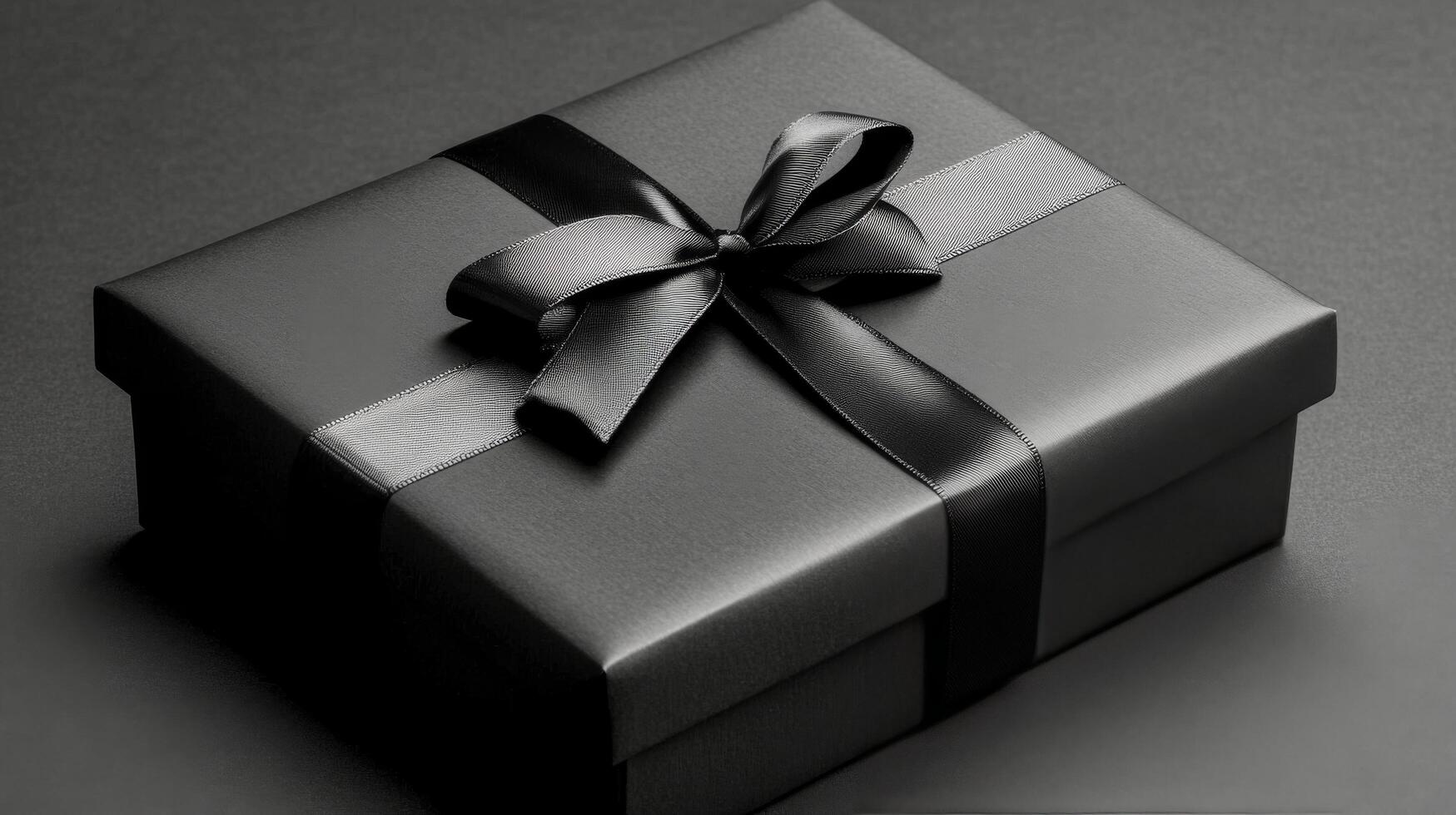 Elegant black gift box with ribbon displayed on a dark background photo