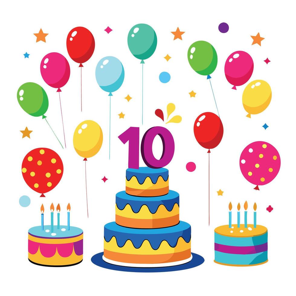 happy birthday cake with balloons and candles illustration vector
