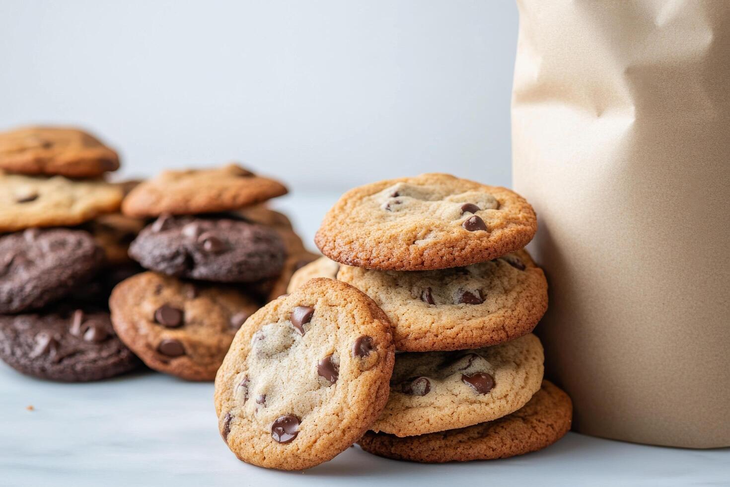 Freshly baked chocolate chip cookies and dark cookies stacked beside a paper bag photo